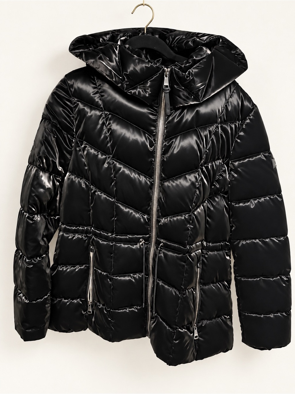 DKNY Black High-Shine Hooded Puffer Coat – Water Resistant – Size L